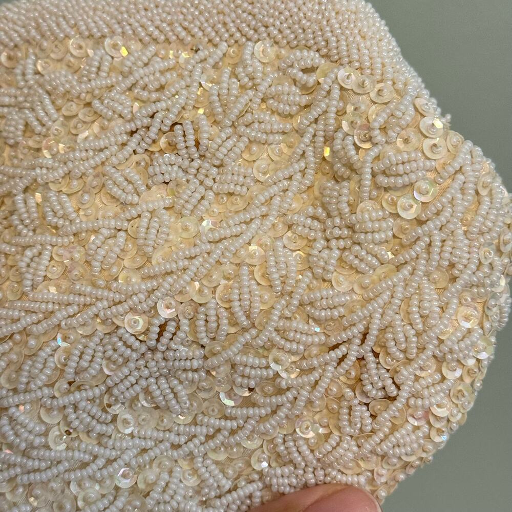 Vintage Beaded Clutch Shoulder Bag Evening Handbag Purse Sequin Elegant Cream - Picture 2 of 11